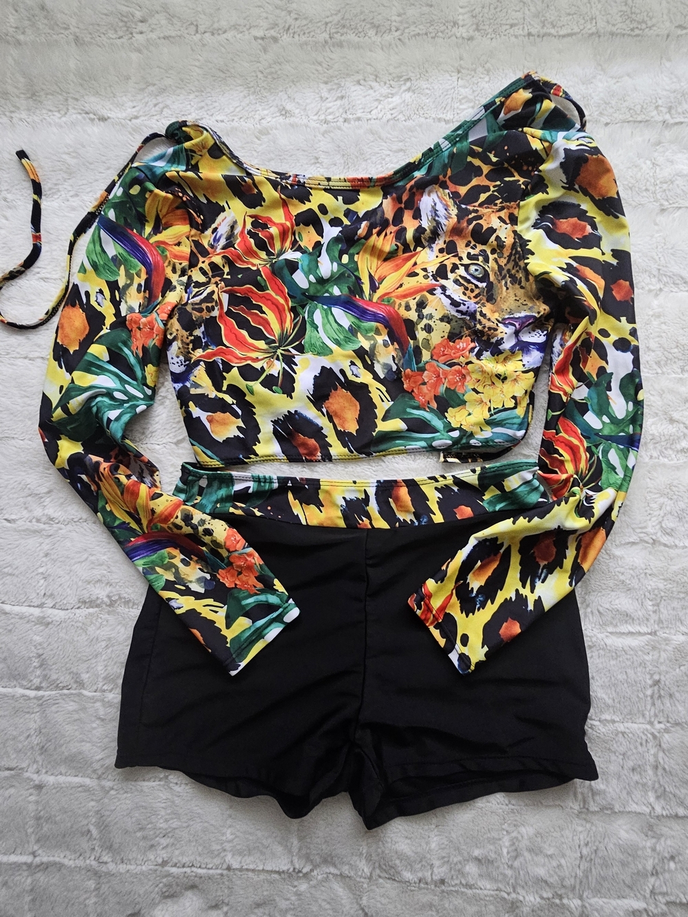 Vibrant Floral Leopard Print Long Sleeve Crop Top - Yellow Multi
